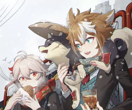 HD PC desktop wallpaper featuring Kaedehara Kazuha and Gorou from the video game Genshin Impact, with a snowy background and warm winter attire.