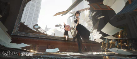 HD desktop wallpaper featuring Yor Forger and Anya Forger from the anime Spy x Family. The duo stands amidst a dynamic, debris-filled scene with papers flying around.