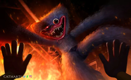 HD PC desktop wallpaper featuring Huggy Wuggy from the video game Poppy Playtime with fiery background and looming hands in a dark, intense scene.