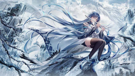 Anime girl with flowing blue hair plays a flute amidst a snowy mountainous landscape, captured in stunning 4K Ultra HD for PC desktop wallpaper and background.