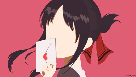 4K Ultra HD PC desktop wallpaper of Kaguya Shinomiya (Kaguya-sama: Love is War) holding a heart-adorned love letter, faceless stylized portrait against a pink background.