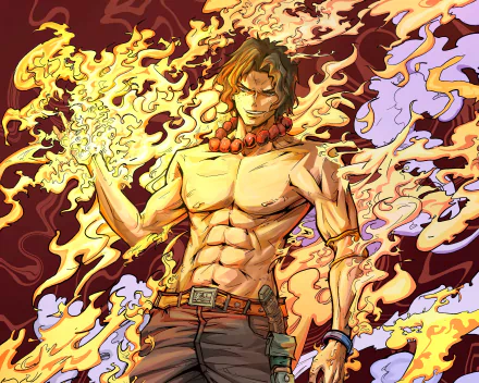 HD anime desktop wallpaper featuring Portgas D. Ace from One Piece, surrounded by dynamic flames showcasing his fiery powers.