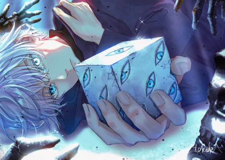 HD PC desktop wallpaper featuring Satoru Gojo from the anime Jujutsu Kaisen, showcasing his distinctive white hair, blindfold, and a cube with eye patterns in a dynamic close-up.
