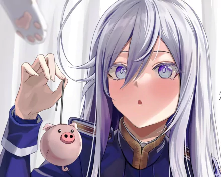 HD anime desktop wallpaper featuring Vladilena Milizé from Eighty Six, with her silver hair and purple eyes holding a small pig figurine.