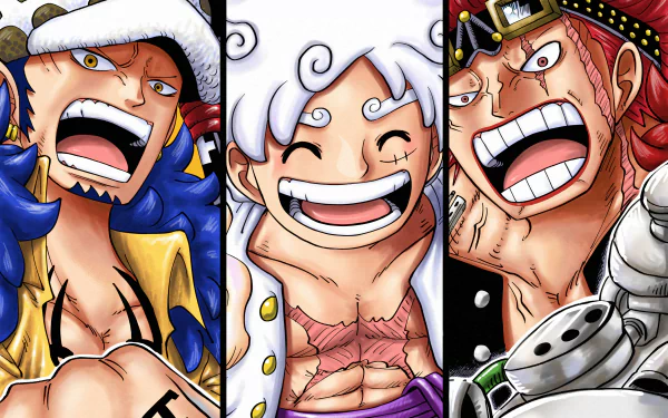 4K Ultra HD desktop wallpaper featuring Trafalgar Law, Eustass Kid, and Monkey D. Luffy from the anime One Piece, showcasing their dynamic expressions and details.