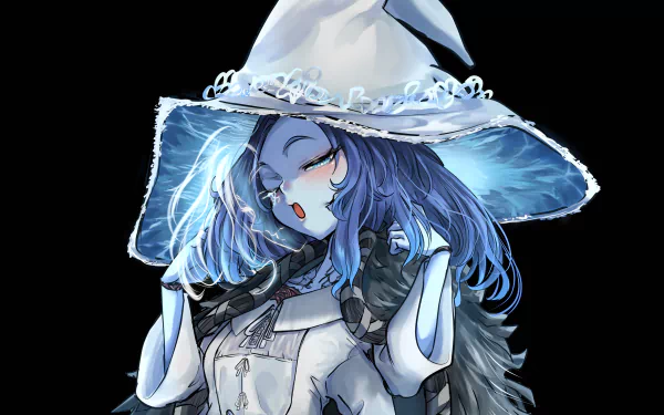 HD PC desktop wallpaper featuring Ranni the Witch from the video game Elden Ring, showcasing her with blue hair and a large white hat against a dark background.