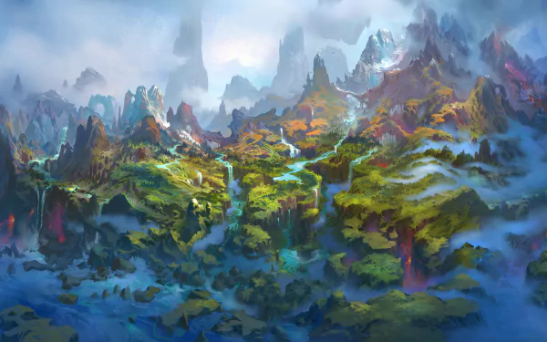 HD desktop wallpaper of a vibrant, mountainous landscape from World of Warcraft: Dragonflight, showcasing lush greenery, mist, and flowing rivers in a fantasy setting.