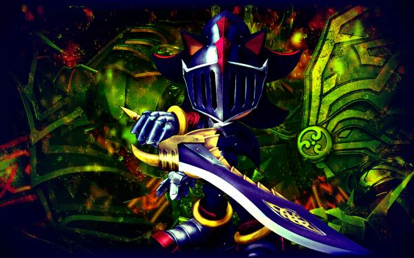 HD PC wallpaper featuring Shadow the Hedgehog as a knight from the video game Sonic and the Black Knight, wielding a sword in a dark, fiery background.