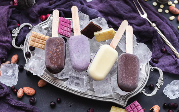 4K Ultra HD PC desktop wallpaper and background: assorted chocolate, berry, and vanilla ice cream bars on sticks arranged on ice in a silver tray with chocolate pieces and berries.