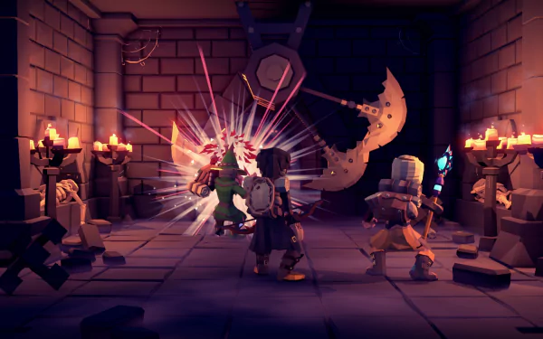 HD desktop wallpaper from For The King showcasing characters engaged in a dynamic battle inside a torch-lit dungeon.