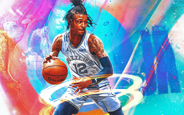 HD PC desktop wallpaper featuring basketball player Ja Morant in dynamic action, set against a vibrant, artistic sports-themed background.