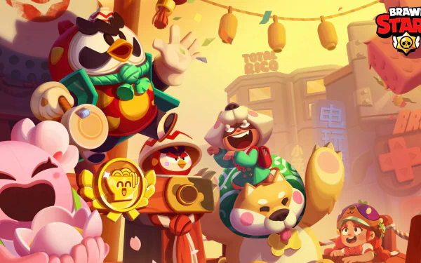 HD PC desktop wallpaper featuring vibrant characters from the video game Brawl Stars celebrating in a festive, colorful environment.