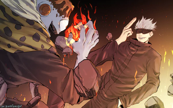 HD PC desktop wallpaper featuring Satoru Gojo and Jogo from the anime Jujutsu Kaisen in a dynamic, fiery confrontation scene.