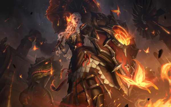 HD PC desktop wallpaper featuring Leona from the video game League of Legends, showcasing her in fiery armor with glowing butterflies and an intense, dynamic background.