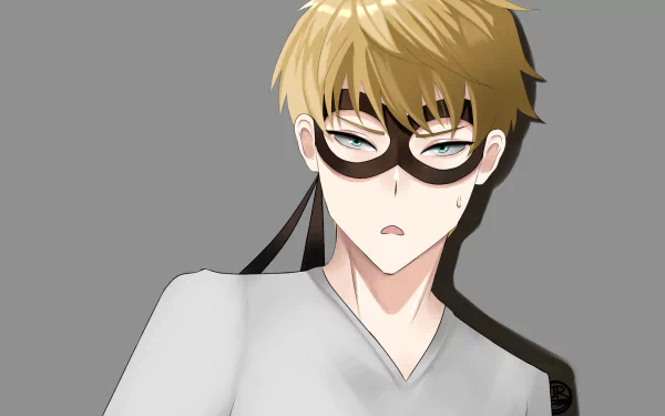 Loid Forger (Spy x Family) anime HD PC desktop wallpaper: blond, masked spy in a gray V-neck shirt with a neutral expression against a plain gray background.