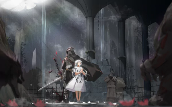 HD desktop wallpaper from the video game ENDER LILIES: Quietus of the Knights, featuring Umbral Knight and Lily standing together in a dark, ruined cathedral.