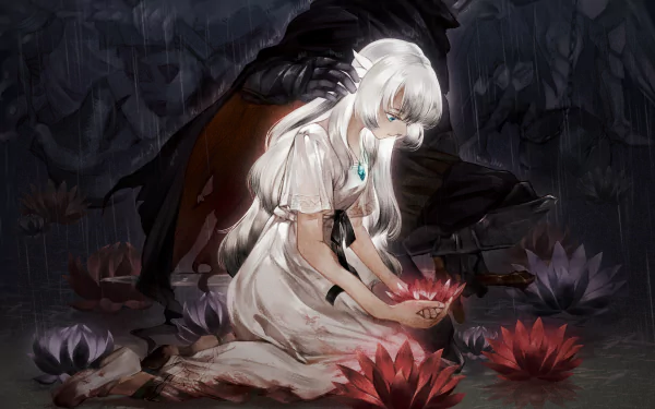 Lily (Ender Lilies) kneels among glowing red lotus flowers, pale and sorrowful as a cloaked knight looms behind her — HD PC desktop wallpaper from the video game ENDER LILIES: Quietus of the Knights.