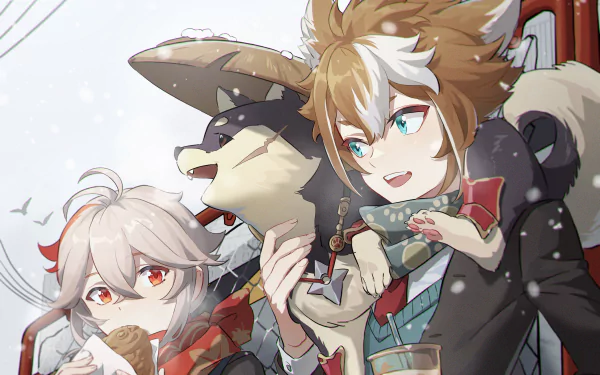 HD PC desktop wallpaper featuring Kaedehara Kazuha and Gorou from the video game Genshin Impact, with a snowy background and warm winter attire.