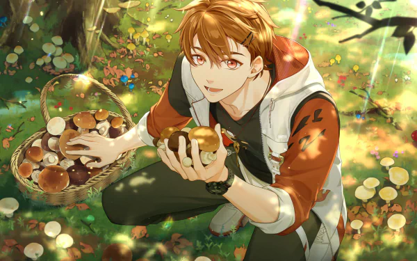 HD PC desktop wallpaper featuring Minase Natsuhiko from the video game Tears of Themis, surrounded by glowing mushrooms in a sunlit forest setting.