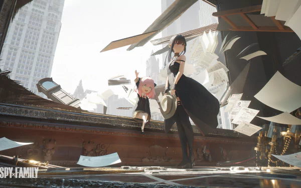 HD desktop wallpaper featuring Yor Forger and Anya Forger from the anime Spy x Family. The duo stands amidst a dynamic, debris-filled scene with papers flying around.