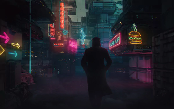 A silhouette walks through a neon-lit cyberpunk cityscape, filled with vibrant futuristic signs in this 4K Ultra HD sci-fi desktop wallpaper.