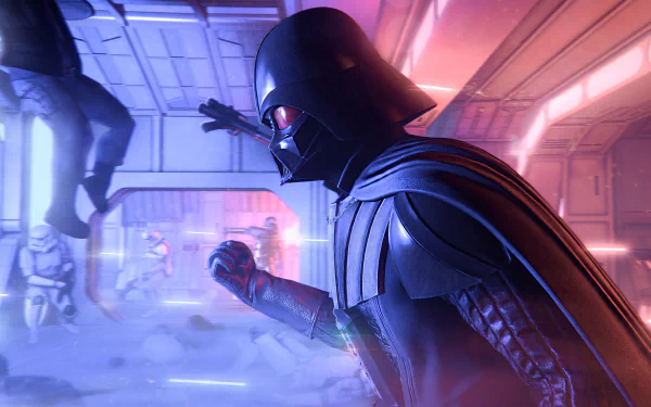 Darth Vader (Star Wars Battlefront II, 2017) video game 4K Ultra HD PC wallpaper: Vader advancing through a ship corridor bathed in purple and blue lighting.