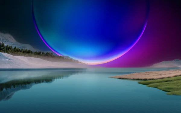 4K Ultra HD PC desktop wallpaper featuring a futuristic, glowing orb over a serene lakeside landscape, inspired by Windows 11 technology themes.