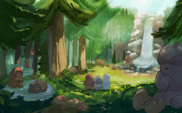 A vibrant 4K Ultra HD forest scene from the TV show We Bare Bears, featuring the three bears amidst tall trees and a cascading waterfall in the background.