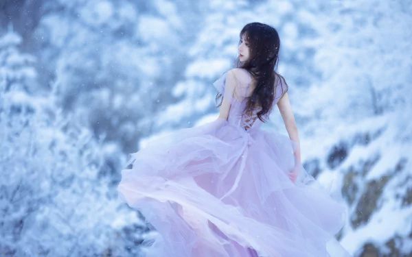 pink dress black hair snow woman asian HD Desktop Wallpaper | Background Image