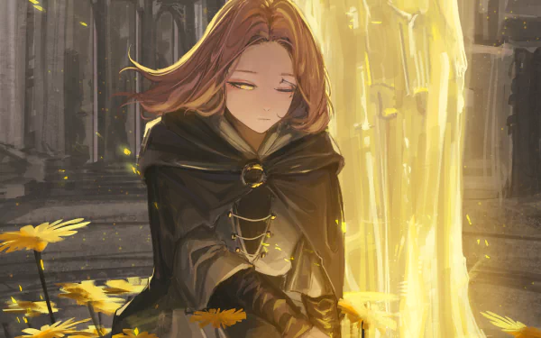 HD PC desktop wallpaper featuring Melina from the video game Elden Ring, depicted with flowing hair and a glowing golden light in a detailed, immersive fantasy setting.