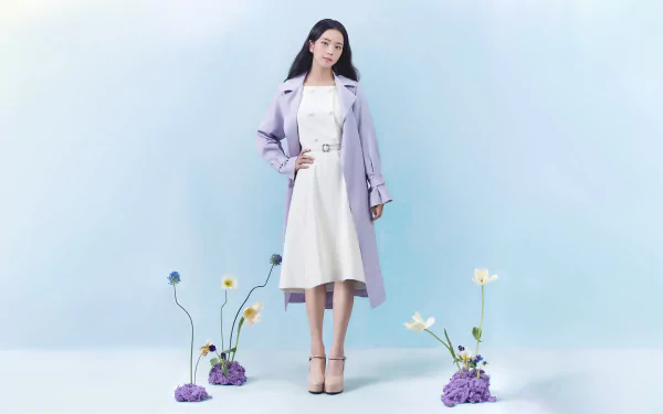 HD PC desktop wallpaper featuring Jisoo from BlackPink in a white dress and light purple coat, standing against a soft blue background with delicate flowers.