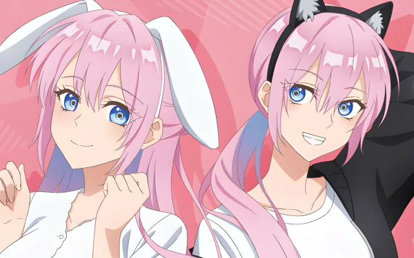 HD anime desktop wallpaper featuring Micchon Shikimori from Shikimori's Not Just a Cutie, showcasing her with bunny and cat ear accessories on a pink background.