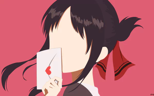 4K Ultra HD PC desktop wallpaper of Kaguya Shinomiya (Kaguya-sama: Love is War) holding a heart-adorned love letter, faceless stylized portrait against a pink background.