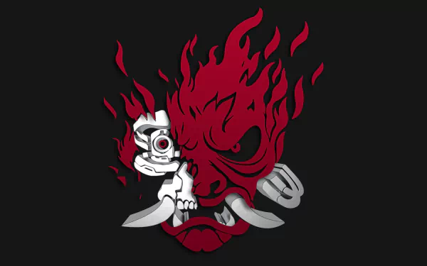 Cyberpunk samurai demon mask blending fiery red flames with mechanical elements in this 8K Ultra HD fantasy PC desktop wallpaper.