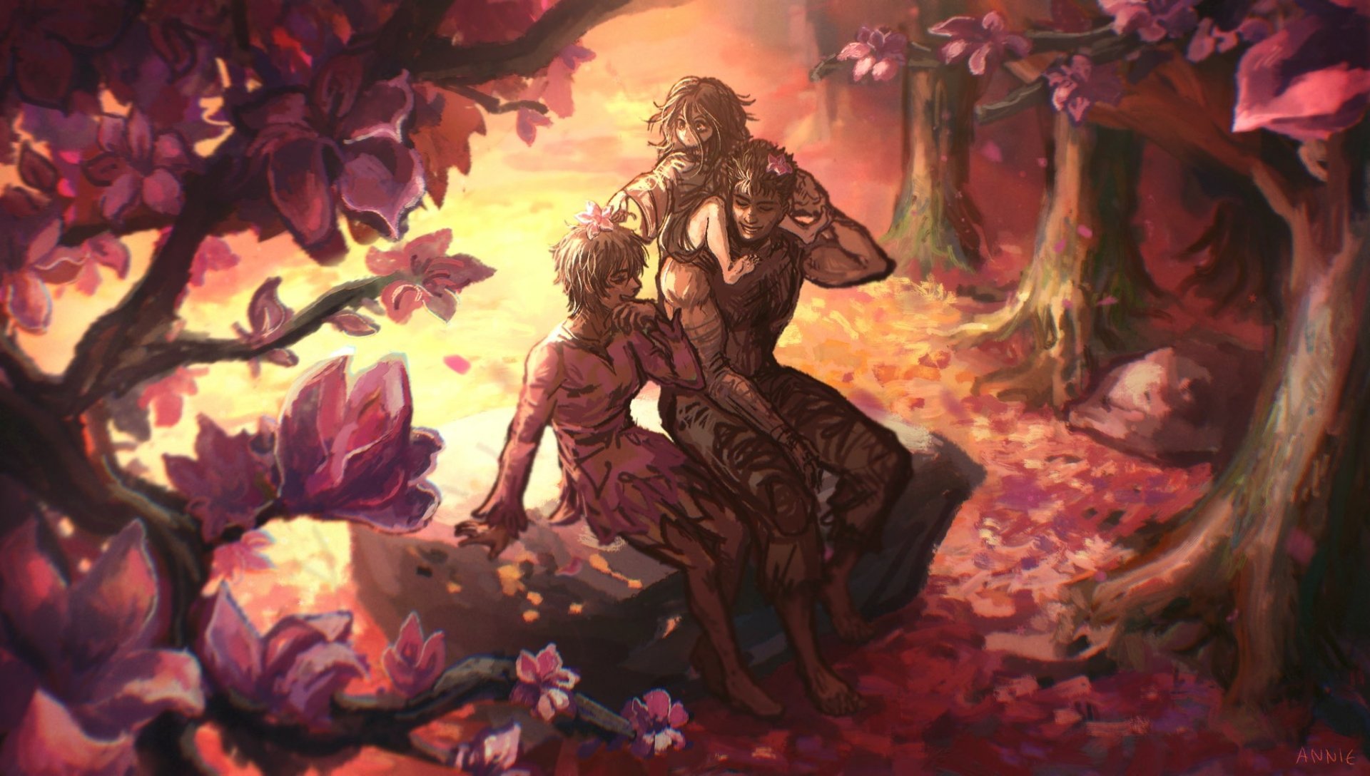 HD desktop wallpaper featuring Guts and Casca from the anime Berserk, depicted in a warm, detailed forest scene with rich autumn tones.