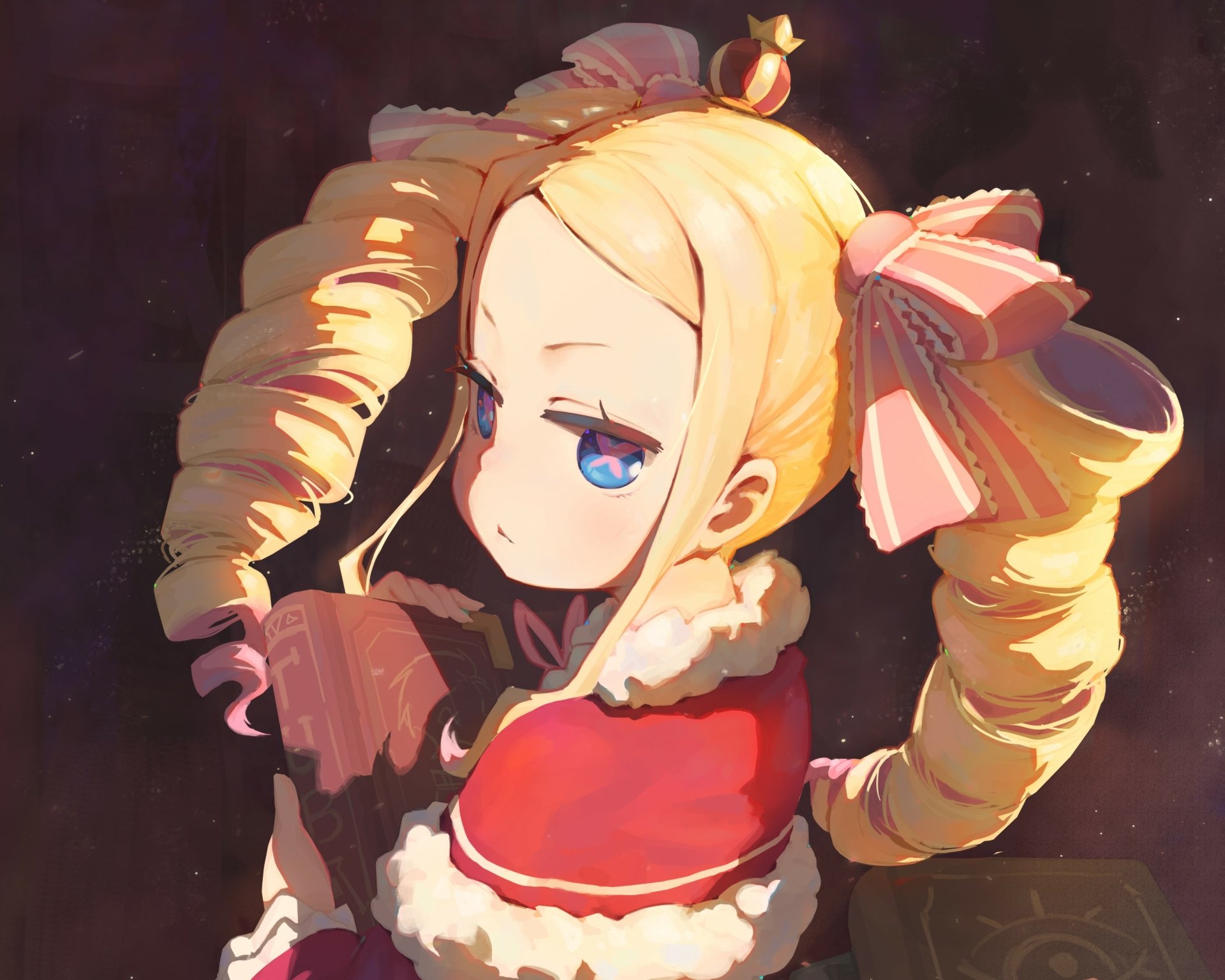 Beatrice (Re:ZERO) anime close-up with curled twin drills, blue eyes and red outfit, soft painterly lighting — 2K Quad HD PC desktop wallpaper/background.