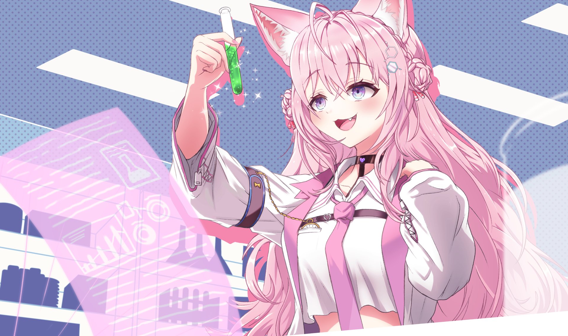 Hakui Koyori from hololive — pink-haired, cat-eared anime Virtual YouTuber smiling and holding a glowing test tube; 4K Ultra HD PC desktop wallpaper/background.