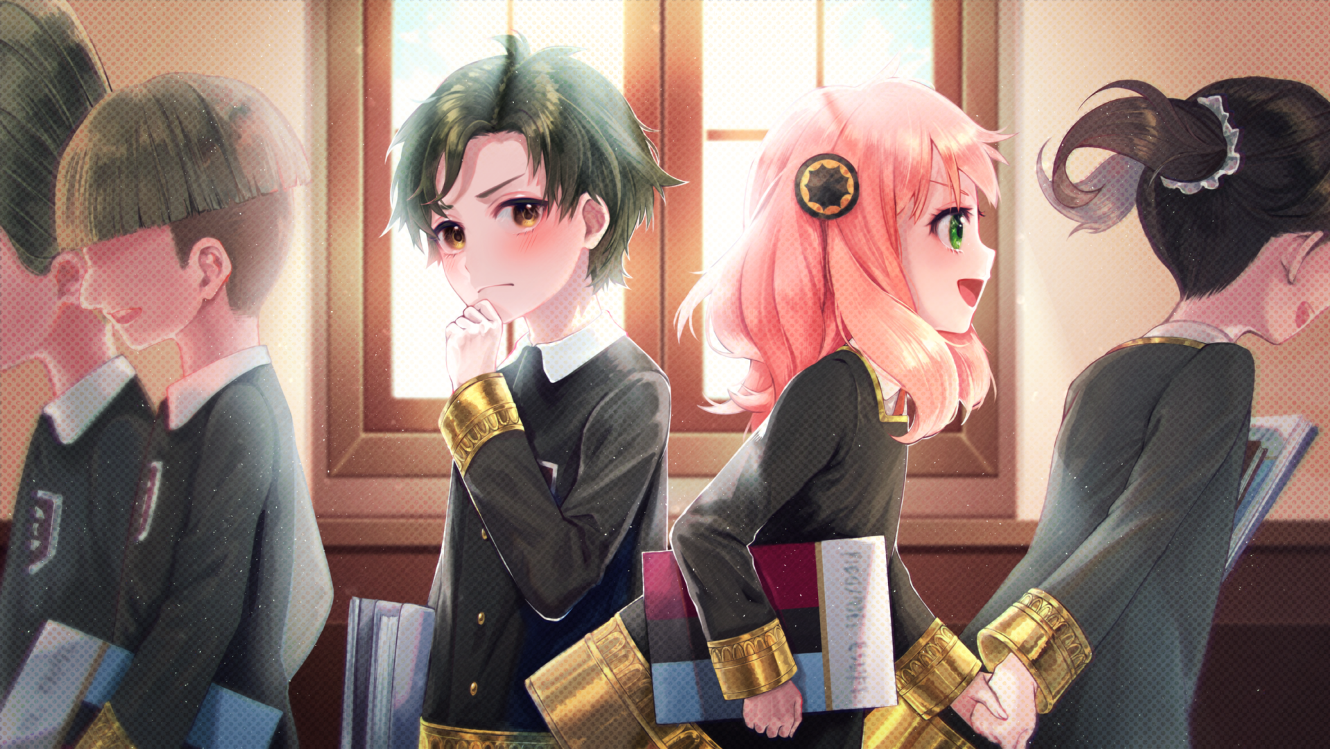 HD anime desktop wallpaper featuring Damian Desmond and Anya Forger from Spy x Family standing back-to-back in a sunlit classroom.
