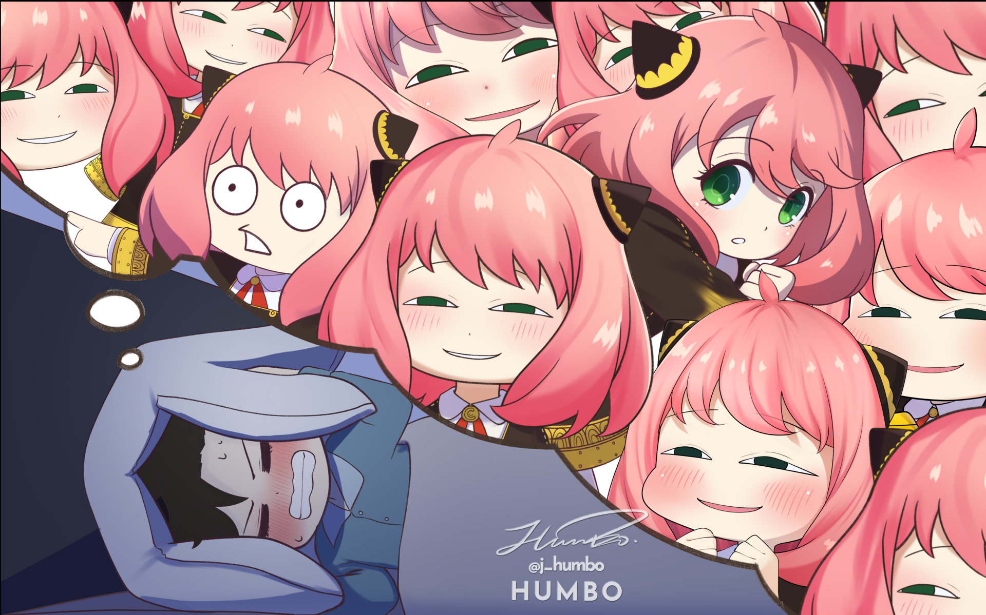 HD desktop wallpaper featuring multiple expressions of Anya Forger from Spy x Family, along with Damian Desmond, in an anime art style.