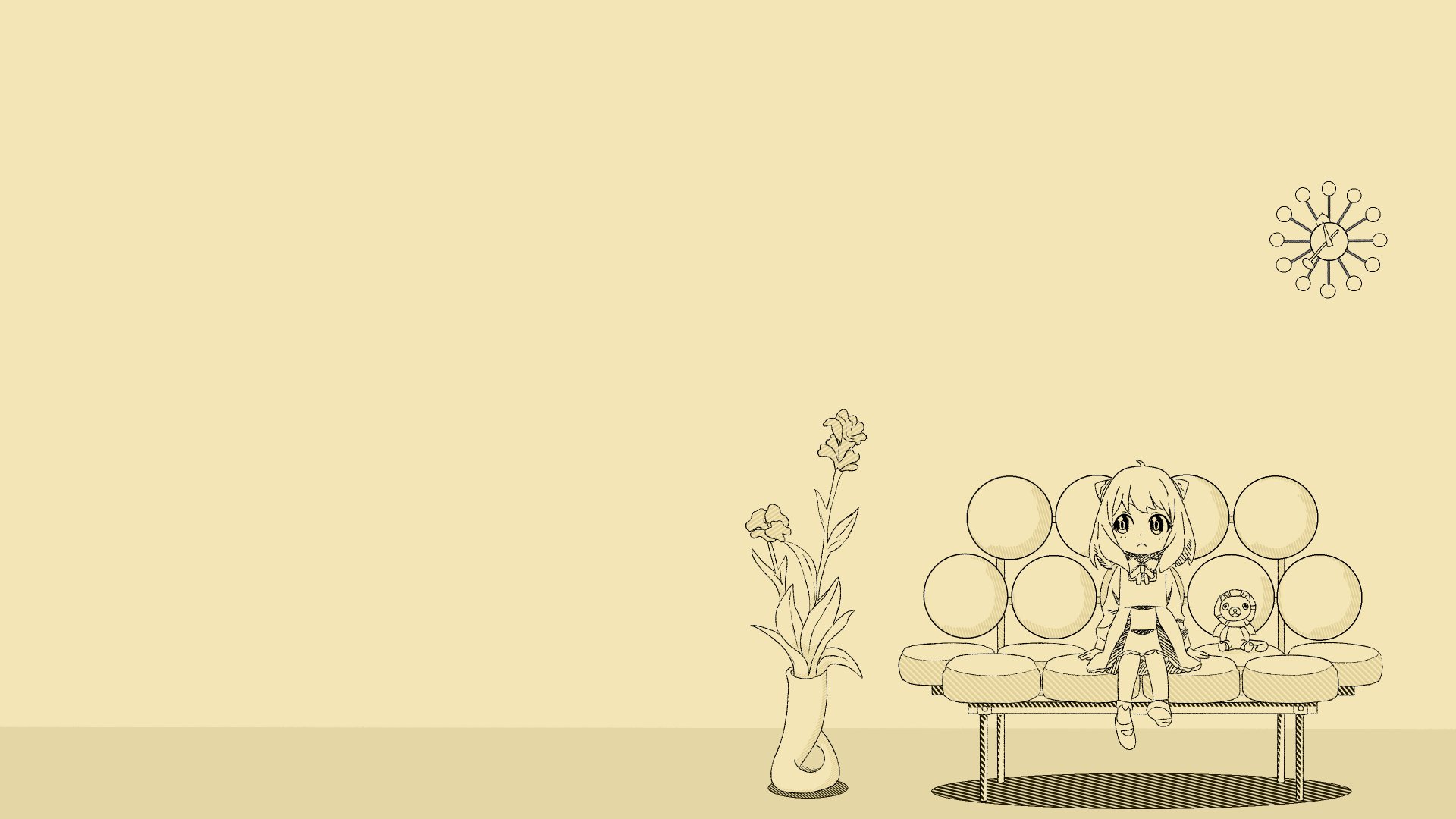 4K Ultra HD PC desktop wallpaper background: chibi Anya Forger (Anime, Spy x Family) on a sofa with a small dog, vase of flowers and minimalist beige decor.