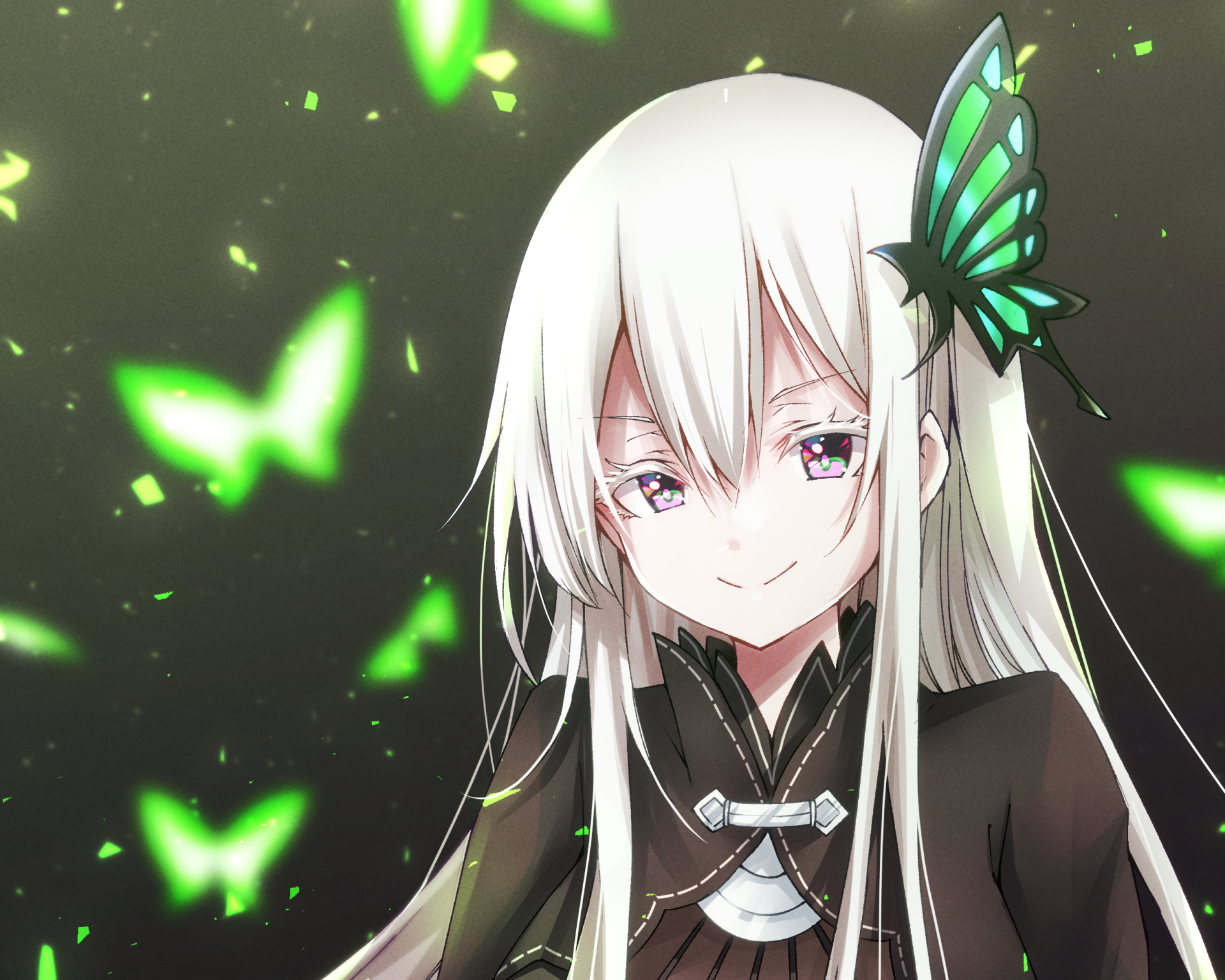 Echidna (Re:ZERO) anime HD PC desktop wallpaper: pale-haired character in dark robes, green butterfly hairpin, glowing green butterflies around her, from Re:Zero - Starting Life in Another World.
