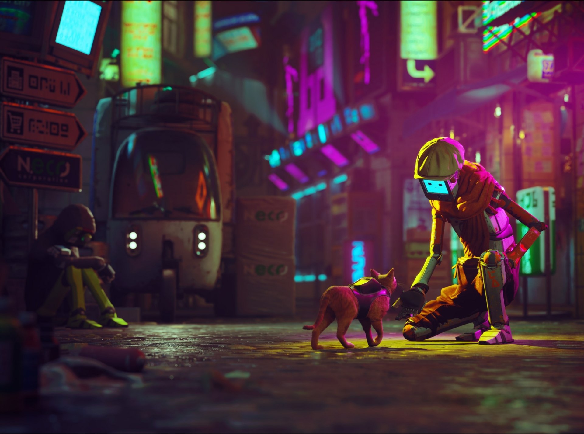 HD PC desktop wallpaper featuring a vibrant cyberpunk city scene from the video game Stray, with a robot petting a cat under colorful neon lights.