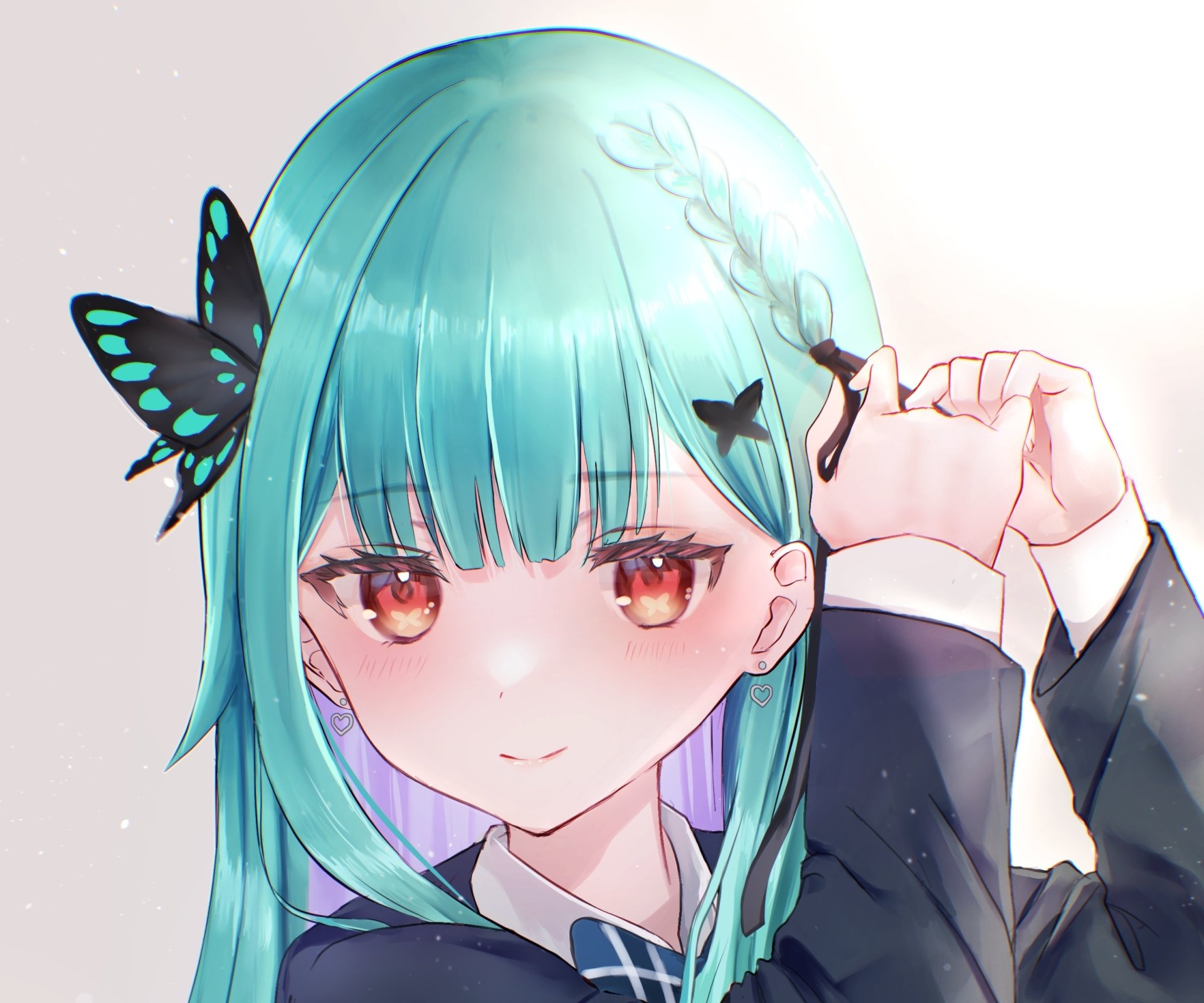 HD PC wallpaper of hololive Virtual YouTuber Uruha Rushia: close-up anime portrait with teal hair, braided strand, red eyes and black butterfly hair clips.
