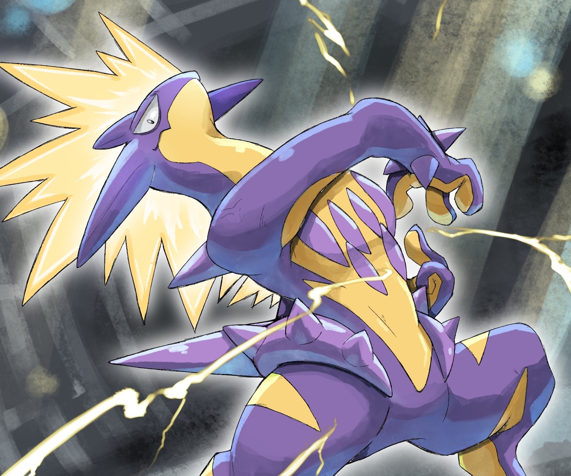 HD PC desktop wallpaper/background of Toxtricity (Pokémon) from Pokémon: Sword and Shield — dynamic purple-and-yellow Toxtricity striking an electric pose amid lightning, video game artwork.