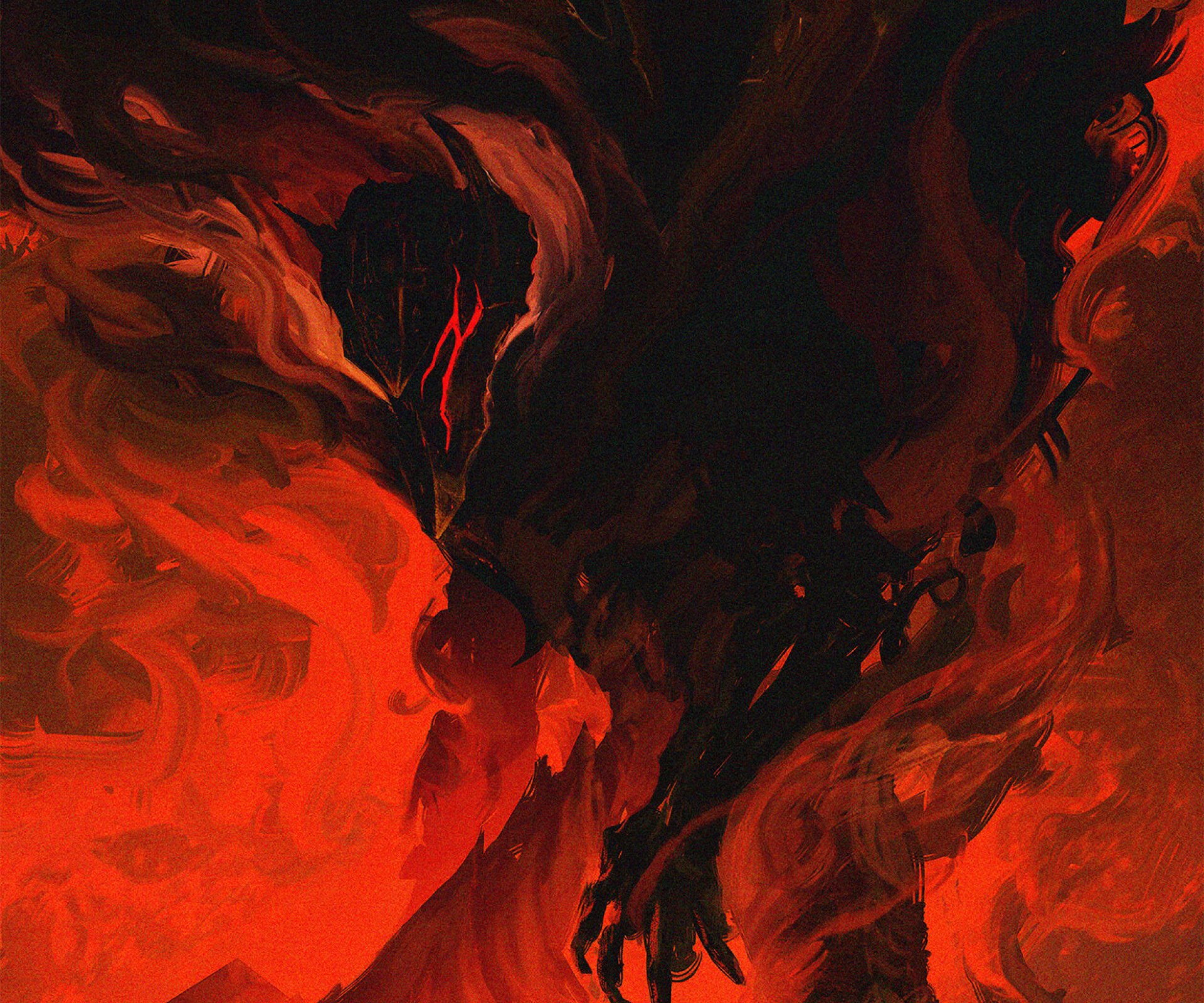 HD PC desktop wallpaper featuring Guts from the anime Berserk, engulfed in intense fiery red and black flames, capturing the dark and powerful essence of the series.