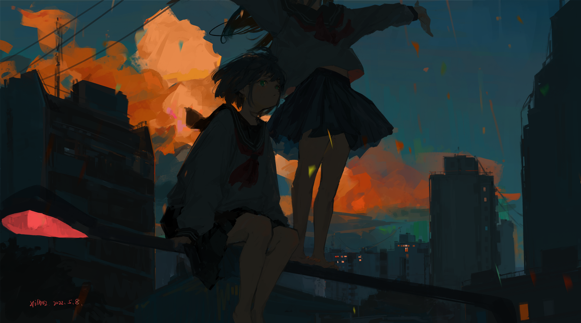 HD PC desktop wallpaper/background: anime scenery with an anime girl and companion silhouetted on a rooftop railing at dusk, city skyline and glowing orange clouds behind them.