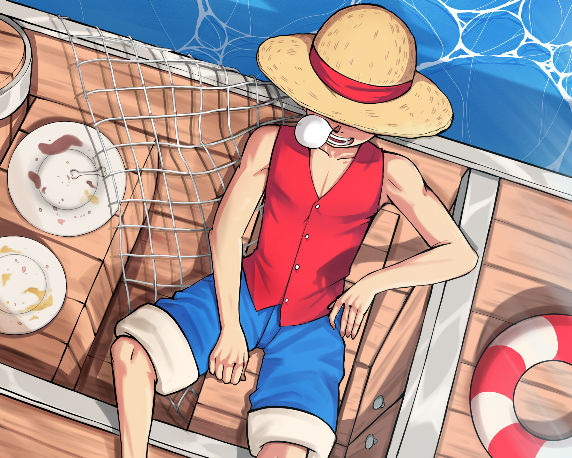 HD anime desktop wallpaper featuring Monkey D. Luffy from One Piece relaxing on a boat with a straw hat, fishing net, and lifebuoy visible.
