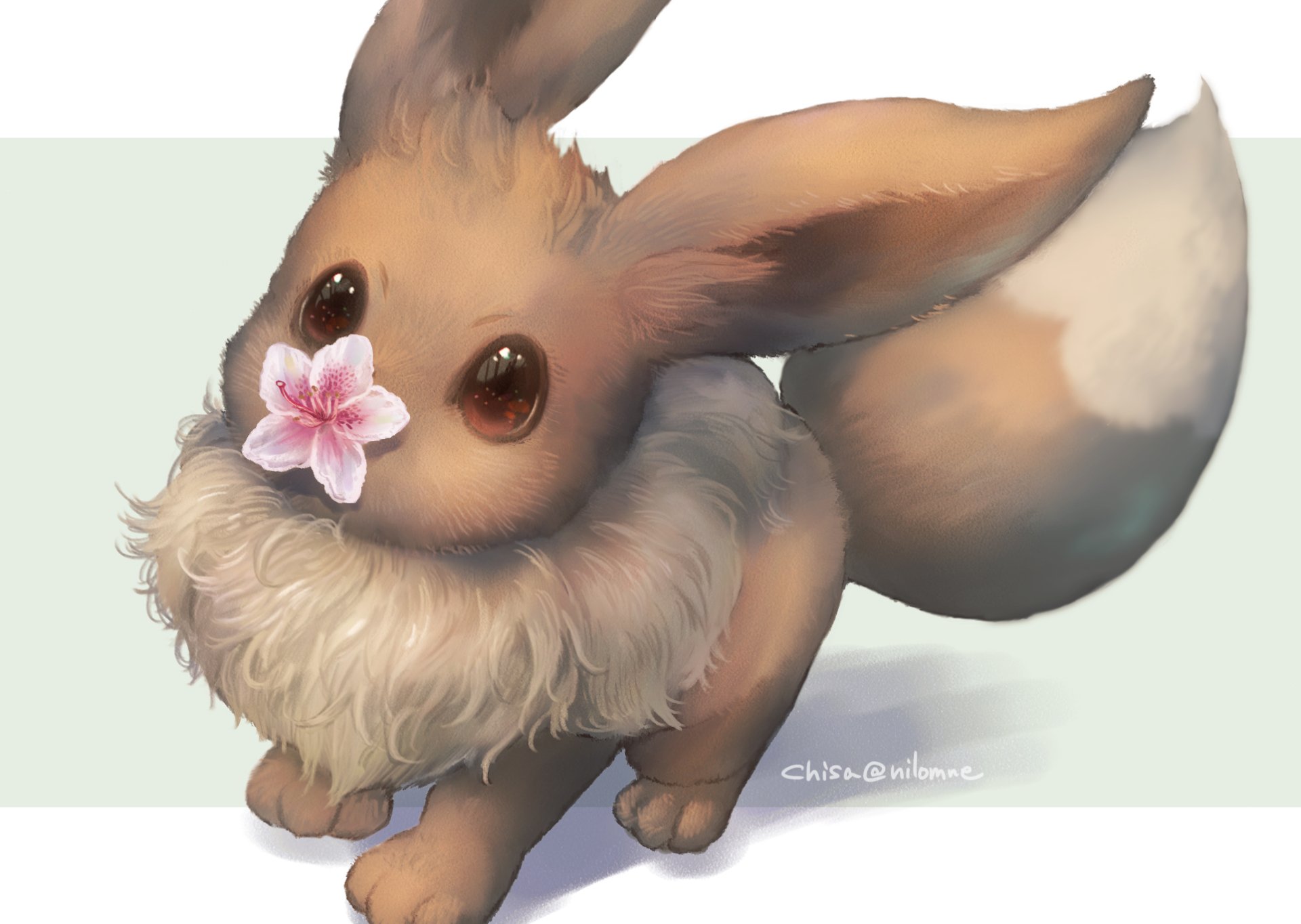 HD PC desktop wallpaper featuring Eevee from Pokémon with a pink flower on its nose against a simple, light background.