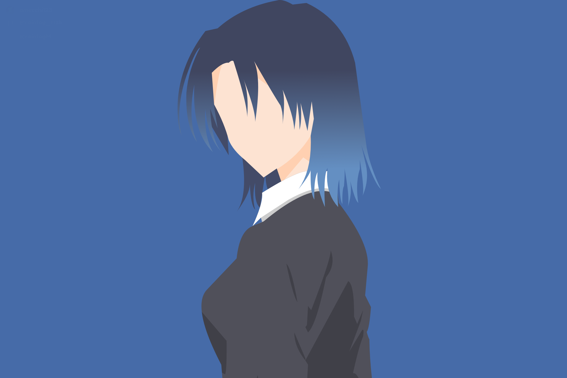 Minimalist HD PC wallpaper of Kamiya from Shikimori's Not Just a Cutie — anime-style side profile with blue ombré hair and a school uniform on a solid blue background.