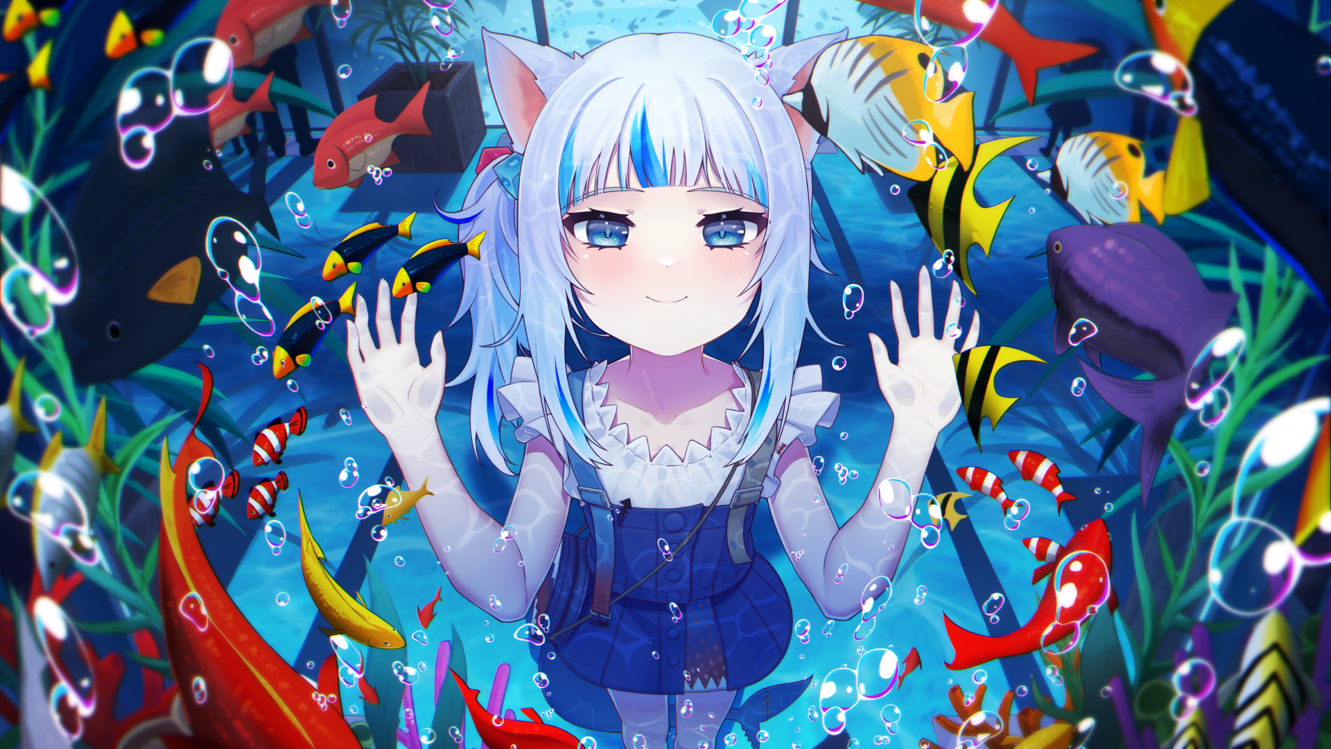 4K Ultra HD anime wallpaper featuring Gawr Gura from hololive as a Virtual YouTuber surrounded by colorful fish in an underwater scene.
